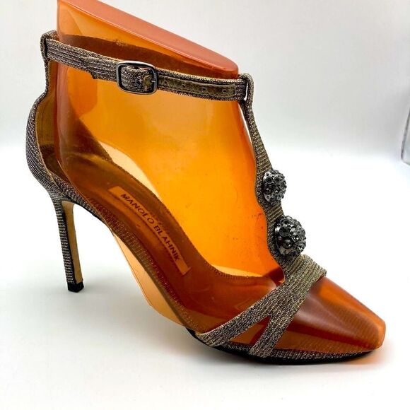 Manolo Blahnik Dixie Metallic T-Strap  Heels Sandals Size 35,5 Made in Italy - Picture 1 of 14